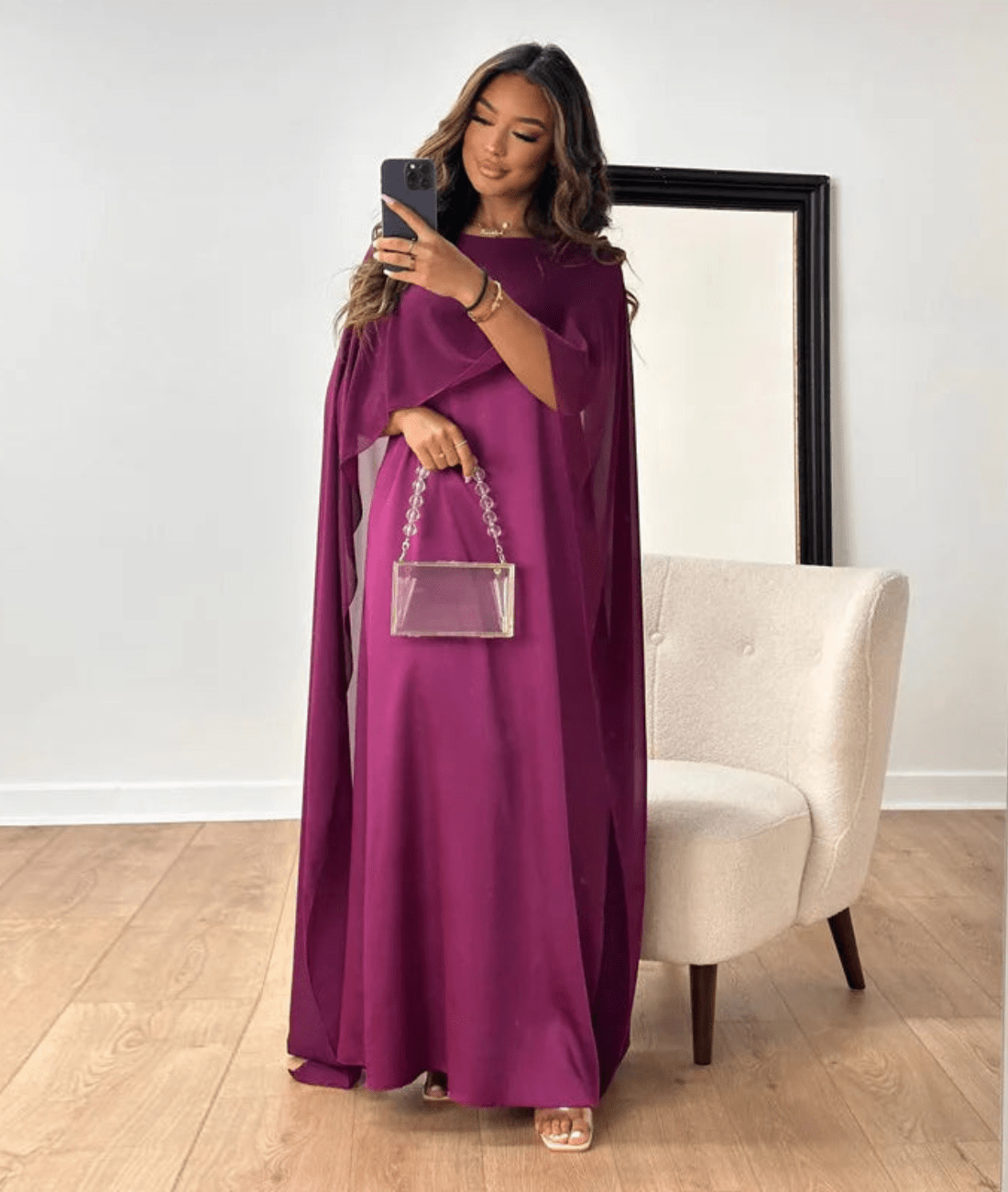 Paloma | Women's Cream Satin Maxi Dress With Cape