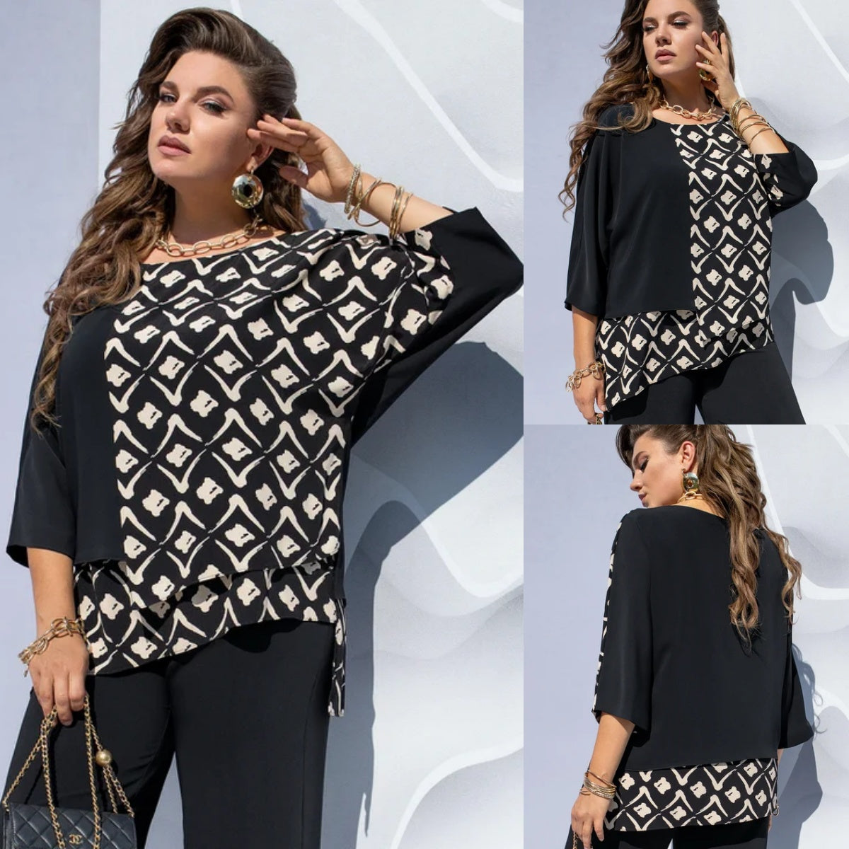 Demi | Women's Oversized Abstract Print Blouse Black Cream
