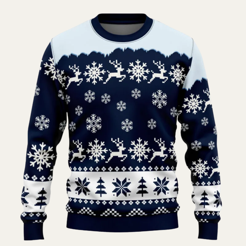 Dama Washington Axel men's crew neck sweater navy reindeer snowflake knit - front view