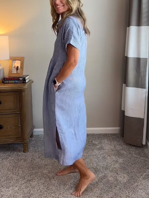 Thea | Women's Striped Button Down Midi Dress Light Blue
