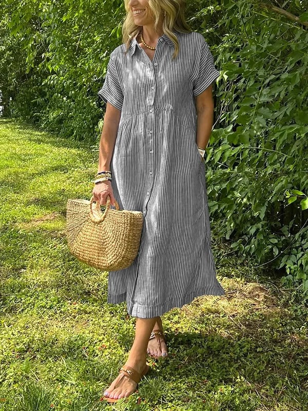 Thea | Women's Striped Button Down Midi Dress Light Blue
