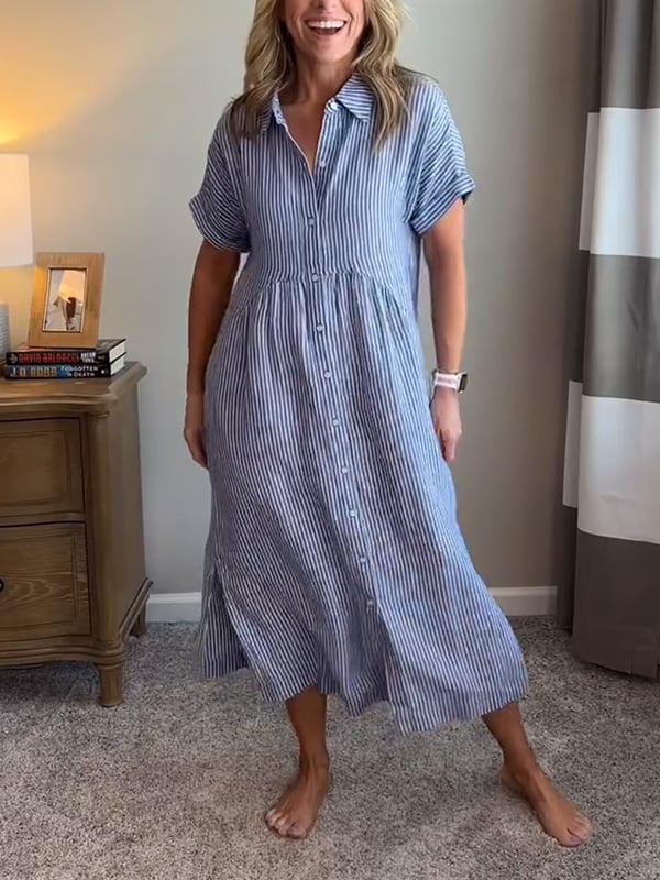 Thea | Women's Striped Button Down Midi Dress Light Blue