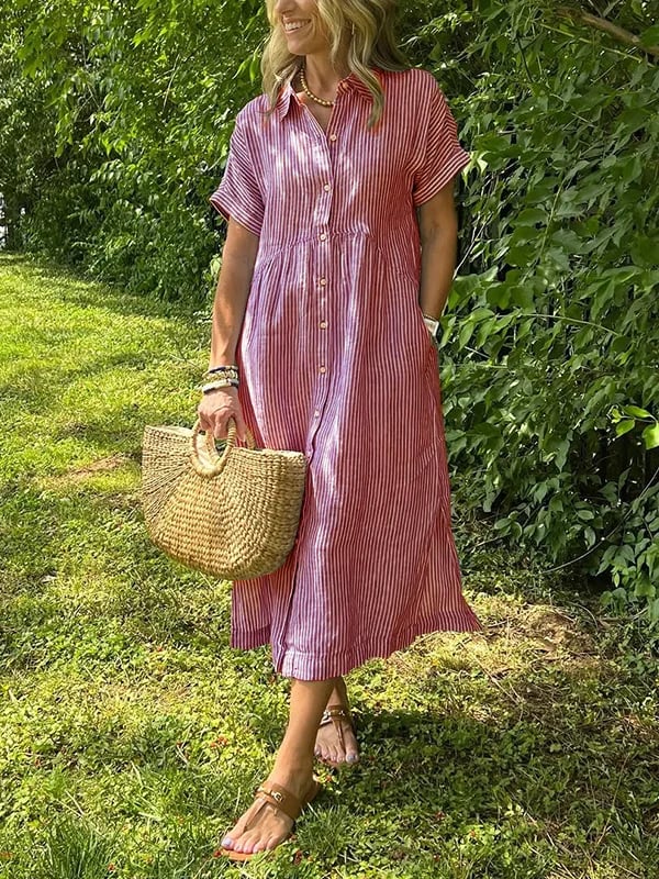 Thea | Women's Striped Button Down Midi Dress Light Blue
