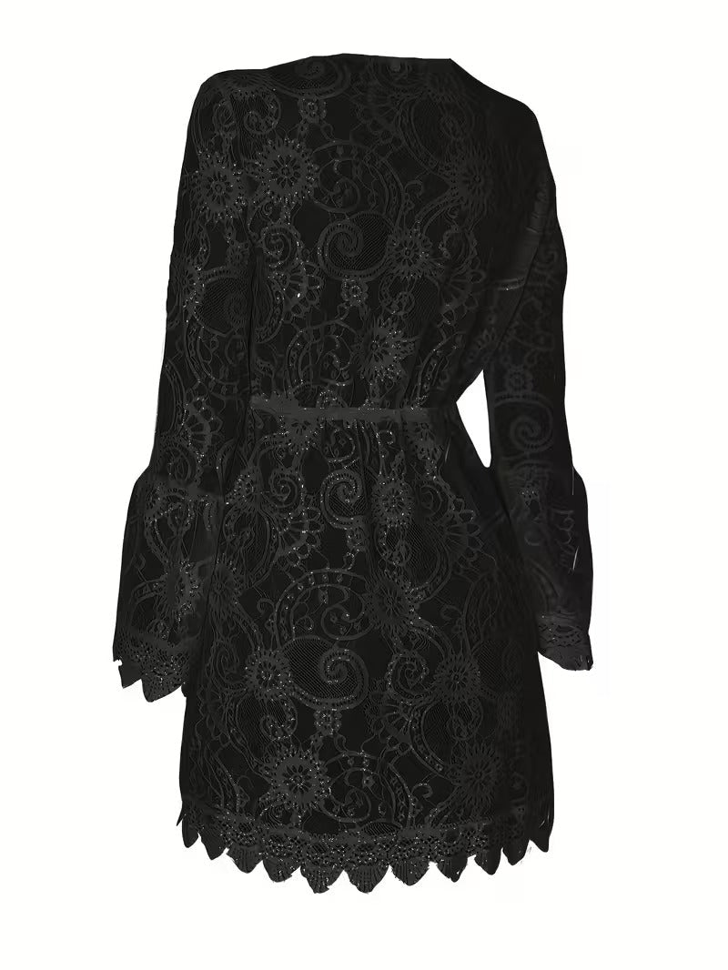 Ines | Women's Crochet Lace Midi Dress White V Neck
