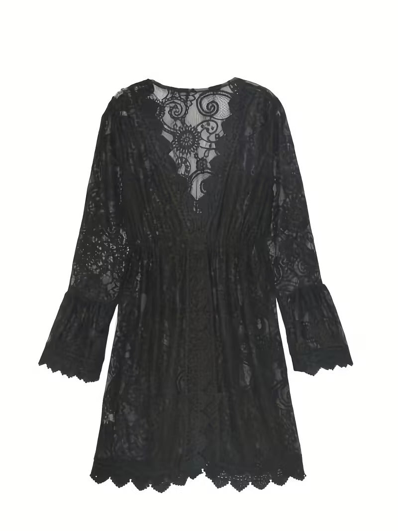 Ines | Women's Crochet Lace Midi Dress White V Neck