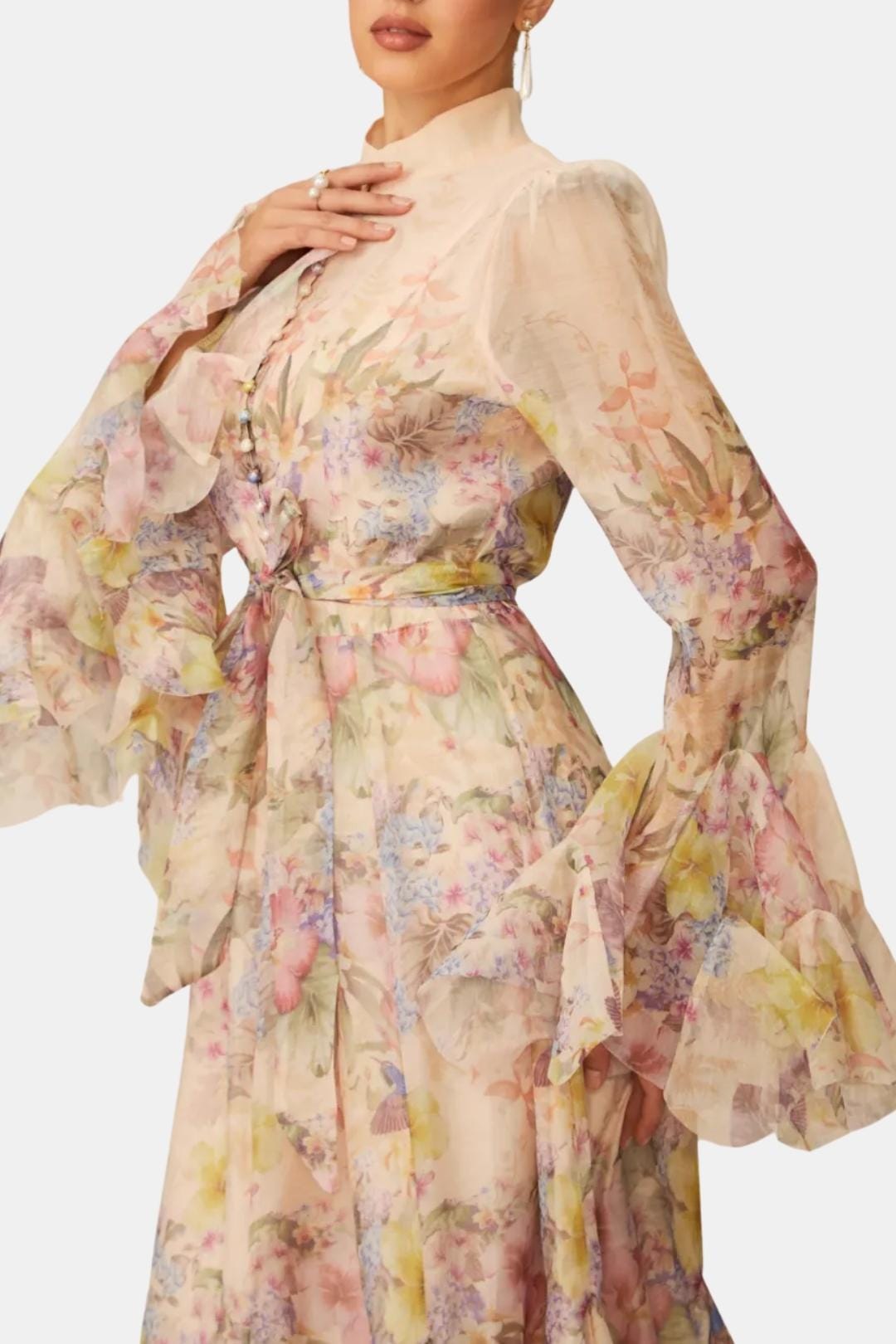Elise | Women's Floral Maxi Dress Long Sleeve Cream Button Front