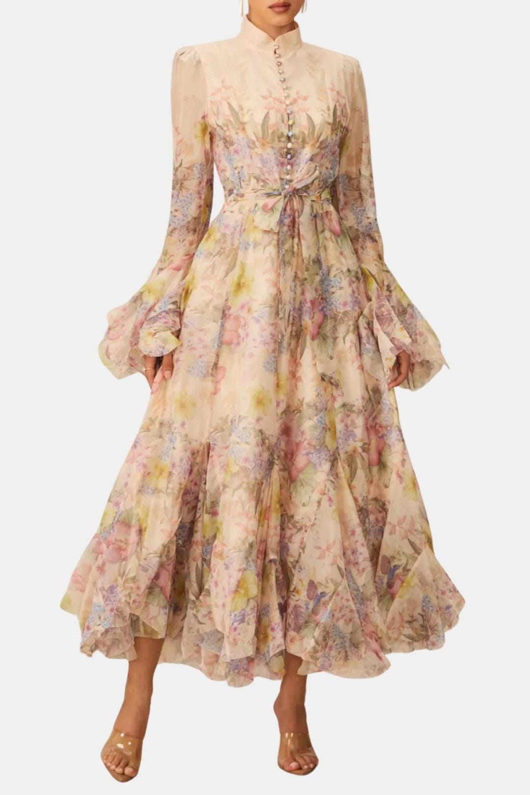 Elise | Women's Floral Maxi Dress Long Sleeve Cream Button Front