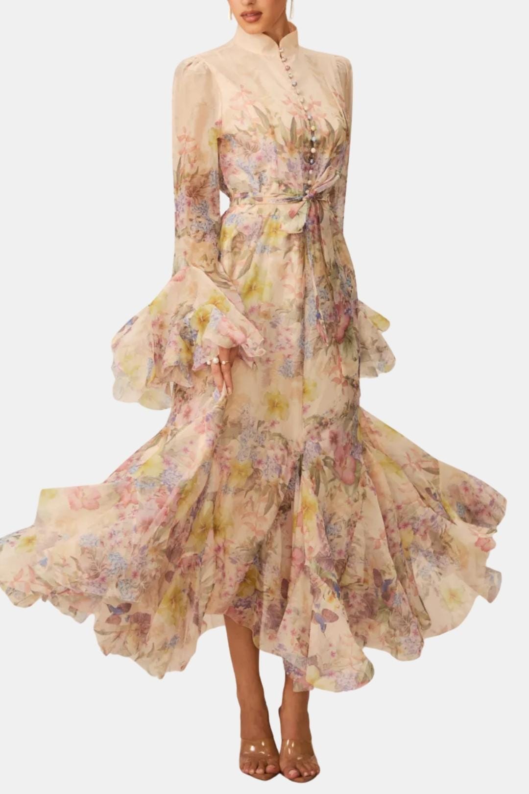 Elise | Women's Floral Maxi Dress Long Sleeve Cream Button Front