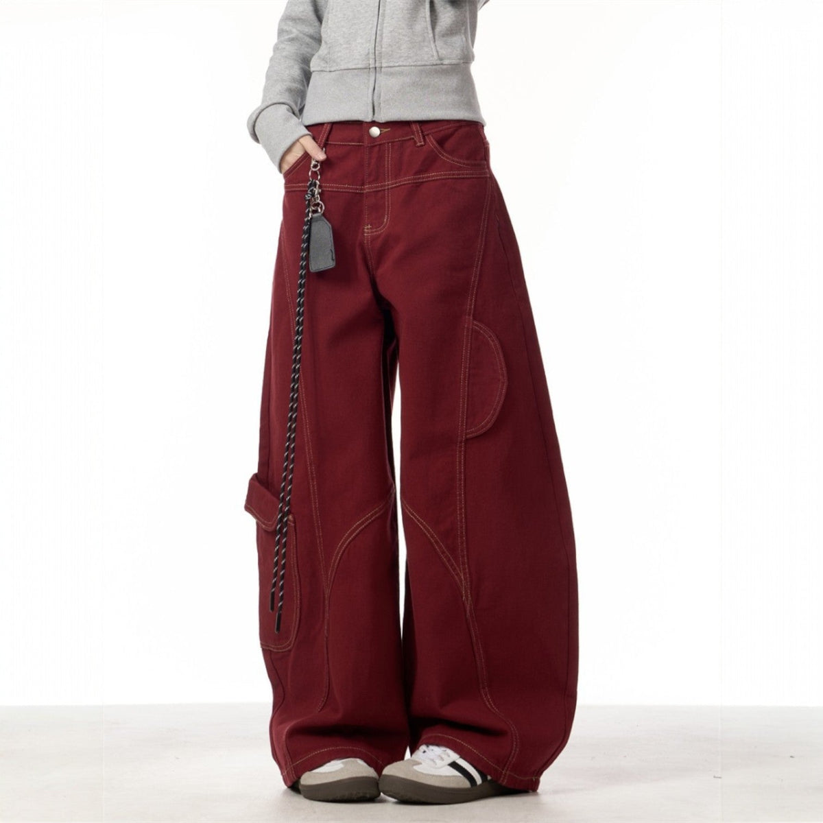Dama Washington Maeve women's wide leg cargo pants burgundy chain detail - front view