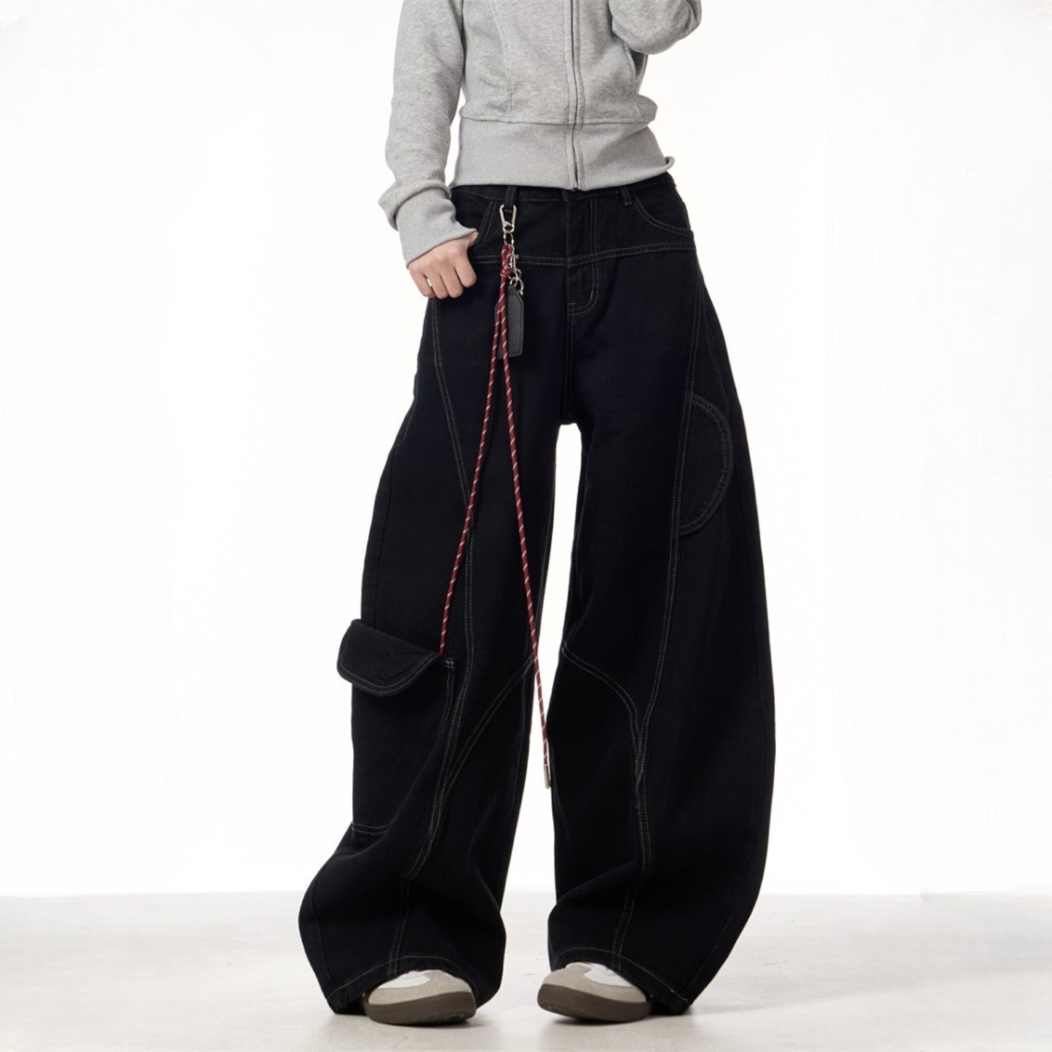 Maeve | Women's Wide Leg Cargo Pants Burgundy Chain Detail