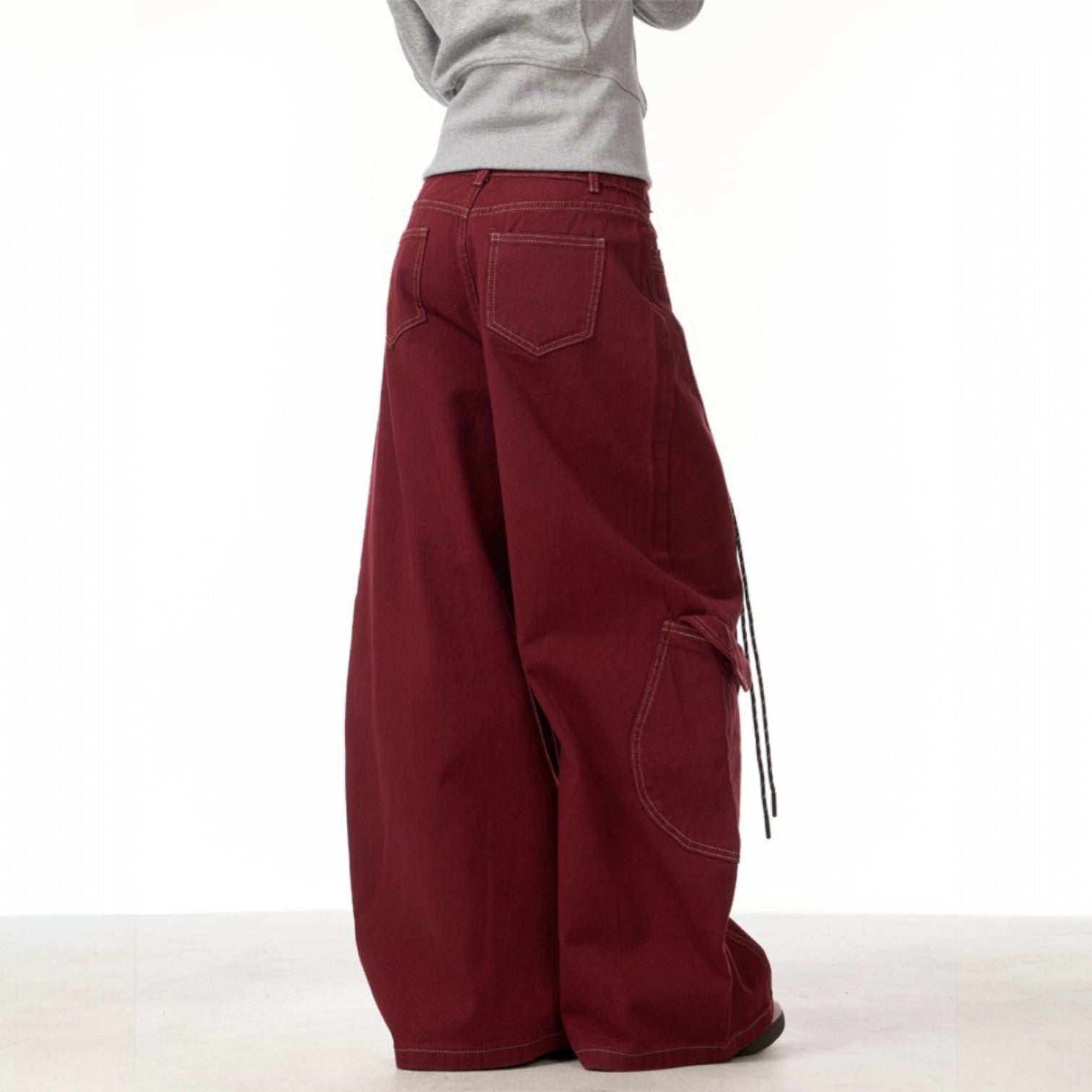 Maeve | Women's Wide Leg Cargo Pants Burgundy Chain Detail