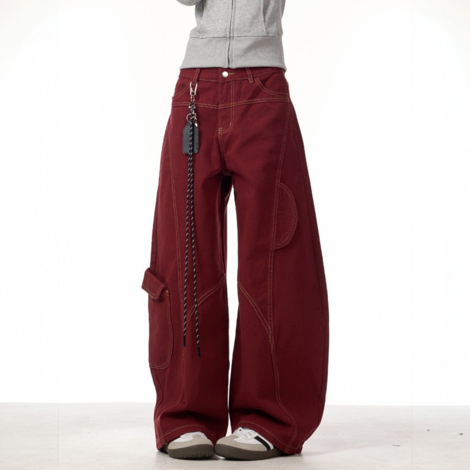 Maeve | Women's Wide Leg Cargo Pants Burgundy Chain Detail