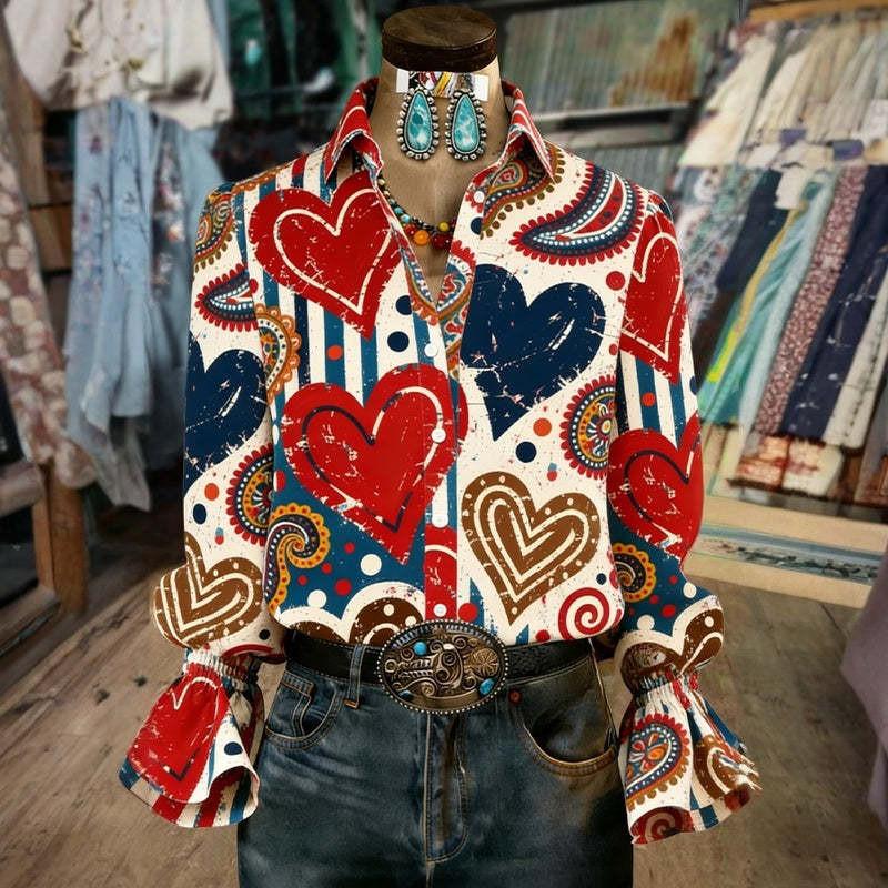 Nina | Women's Printed Button Down Blouse Red Heart