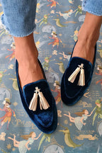 Dama Washington Wren women's velvet tassel loafer navy flat shoe - front view