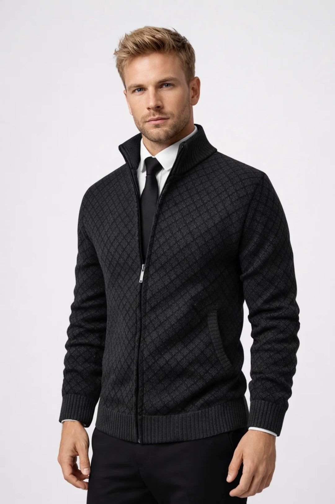 Axel | Men's Cable Knit Cardigan Sweater Black Zip Up