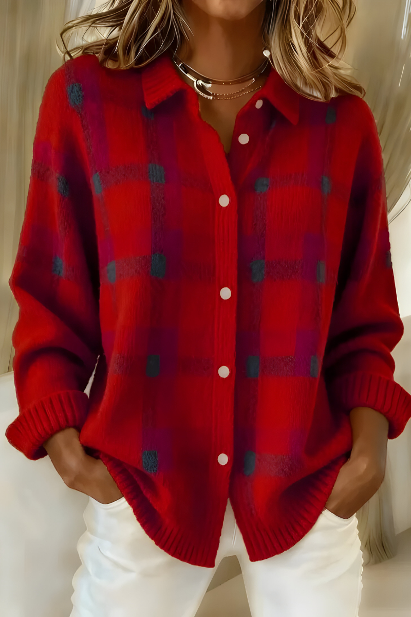 Ines | Women's Plaid Knit Cardigan Orange Button Up