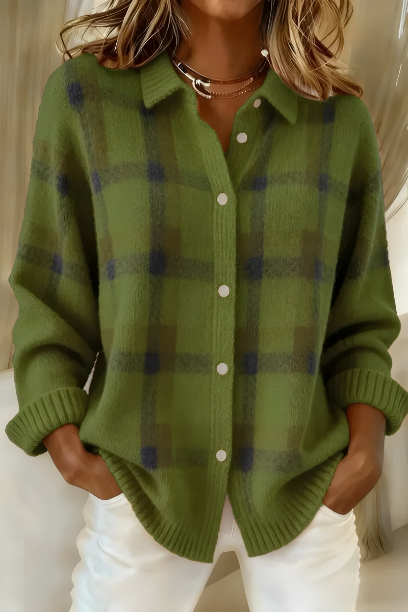 Ines | Women's Plaid Knit Cardigan Orange Button Up