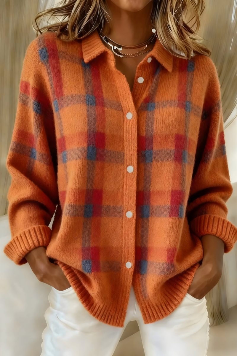 Ines | Women's Plaid Knit Cardigan Orange Button Up