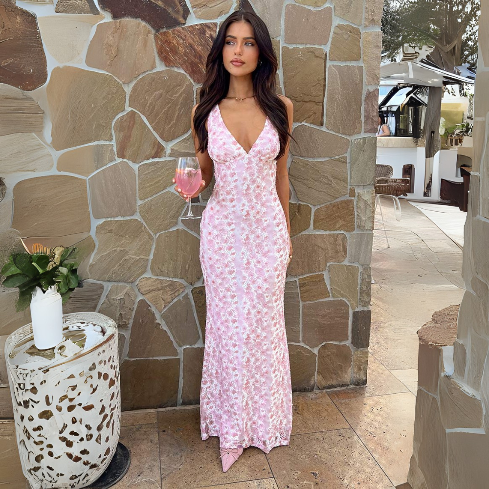 Neve | Women's Sequin Maxi Dress Pink V Neck