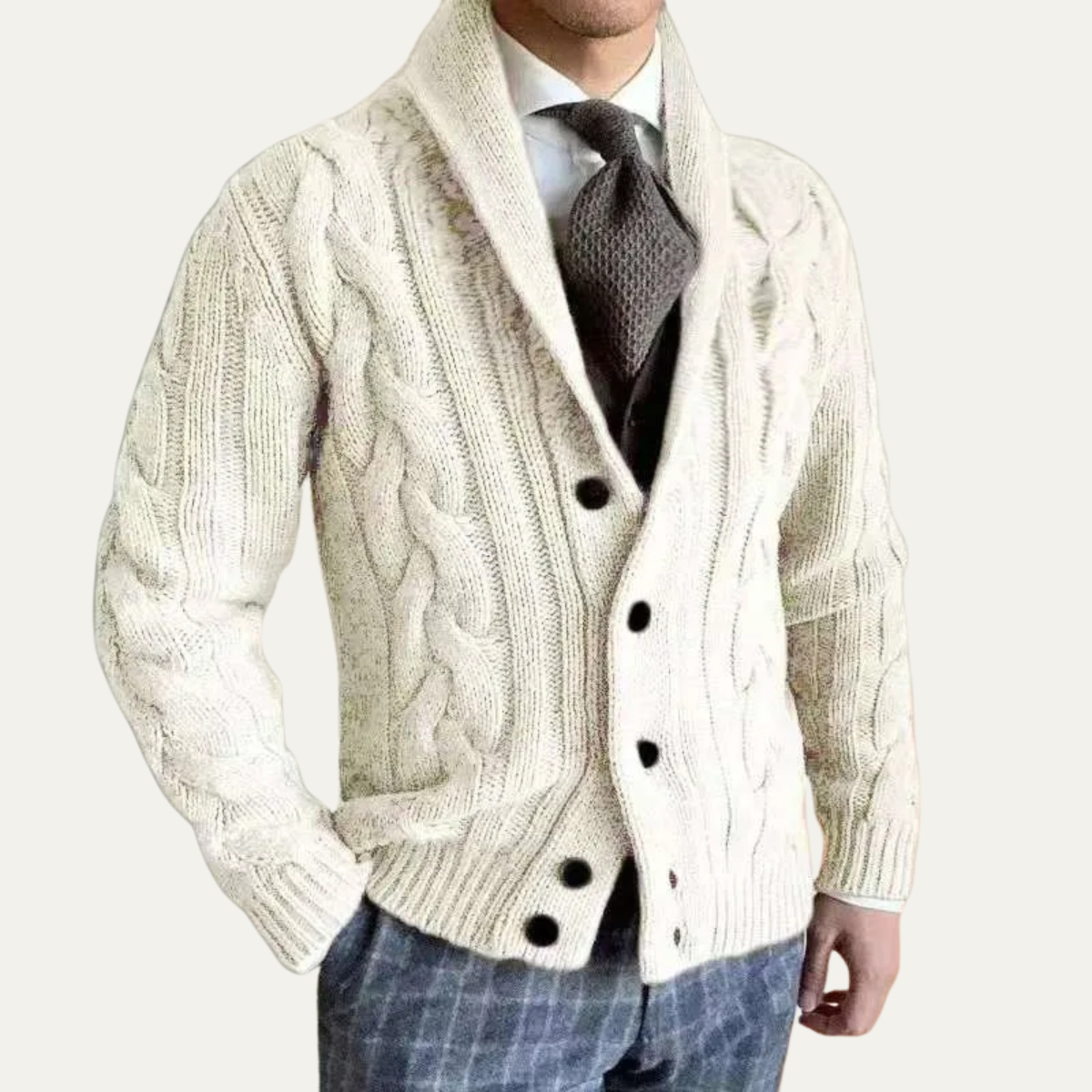 Jade | Men's Cable Knit Cardigan Gray Shawl Collar Button Up