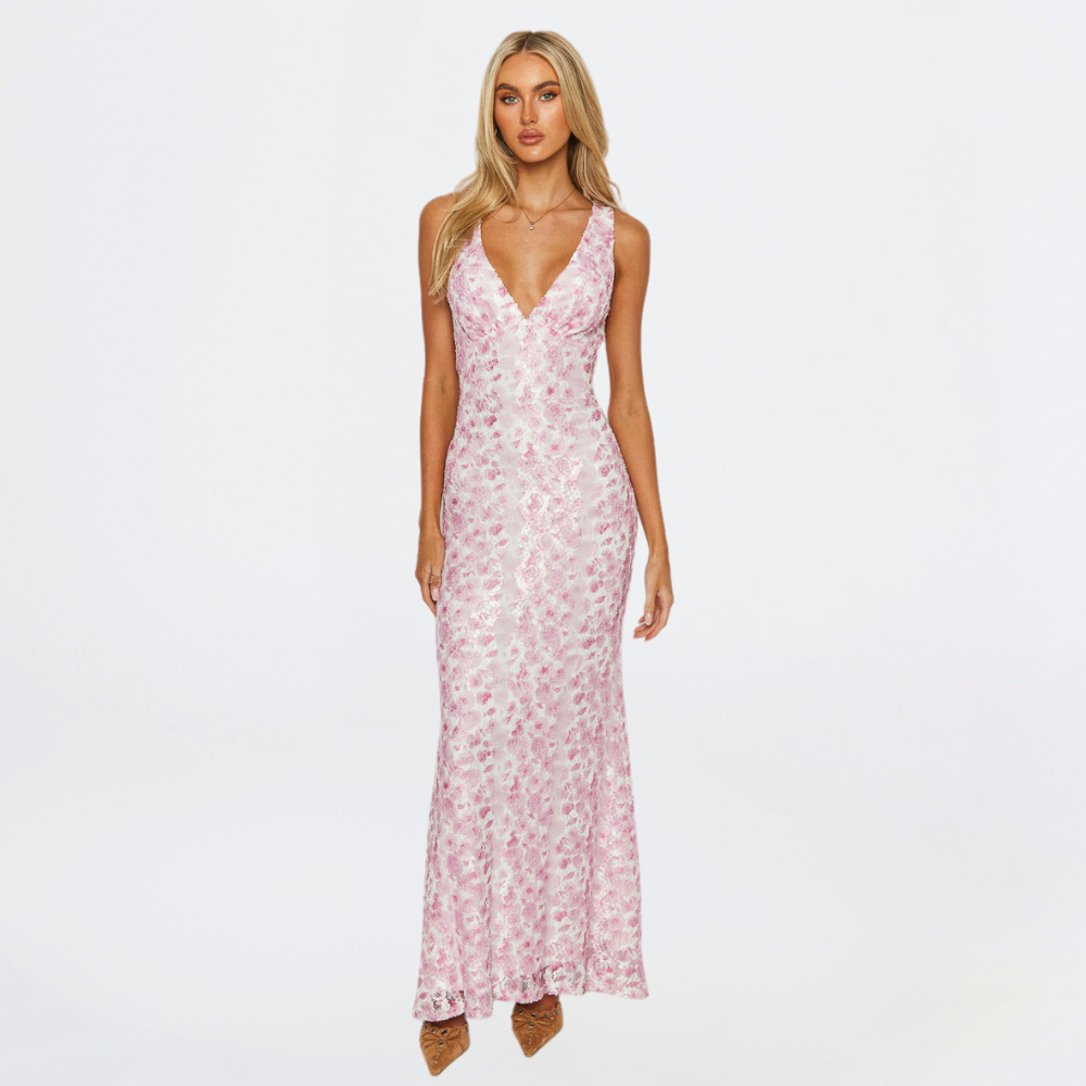 Neve | Women's Sequin Maxi Dress Pink V Neck