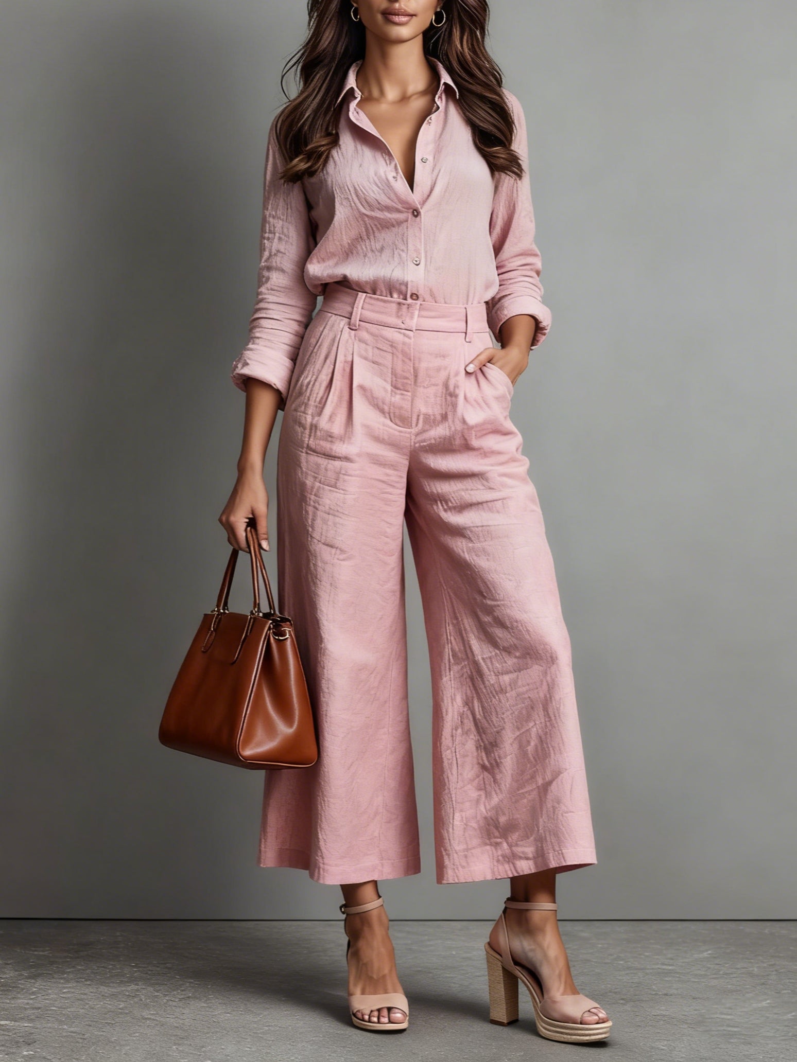 Elise | Women's Wide Leg Pants Pink Linen Button Up