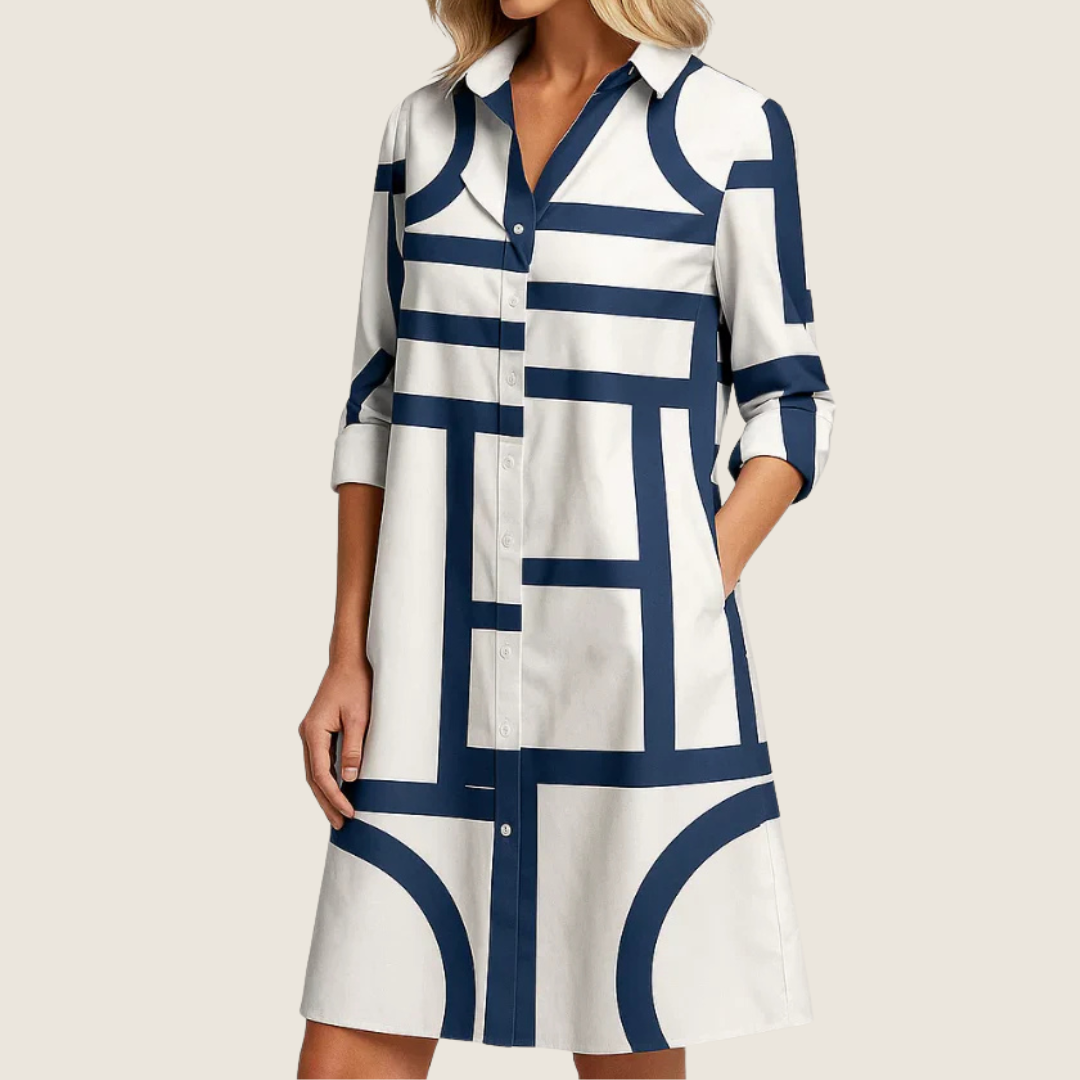 Vera | Women's Button Down Shirt Dress Navy White Geometric Print