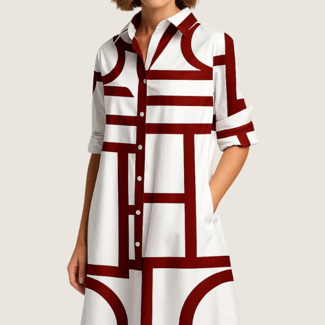 Vera | Women's Button Down Shirt Dress Navy White Geometric Print