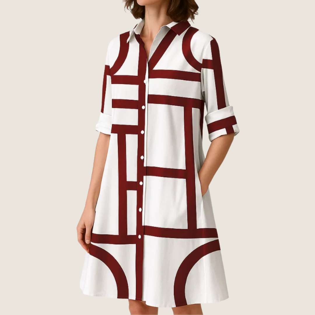 Vera | Women's Button Down Shirt Dress Navy White Geometric Print