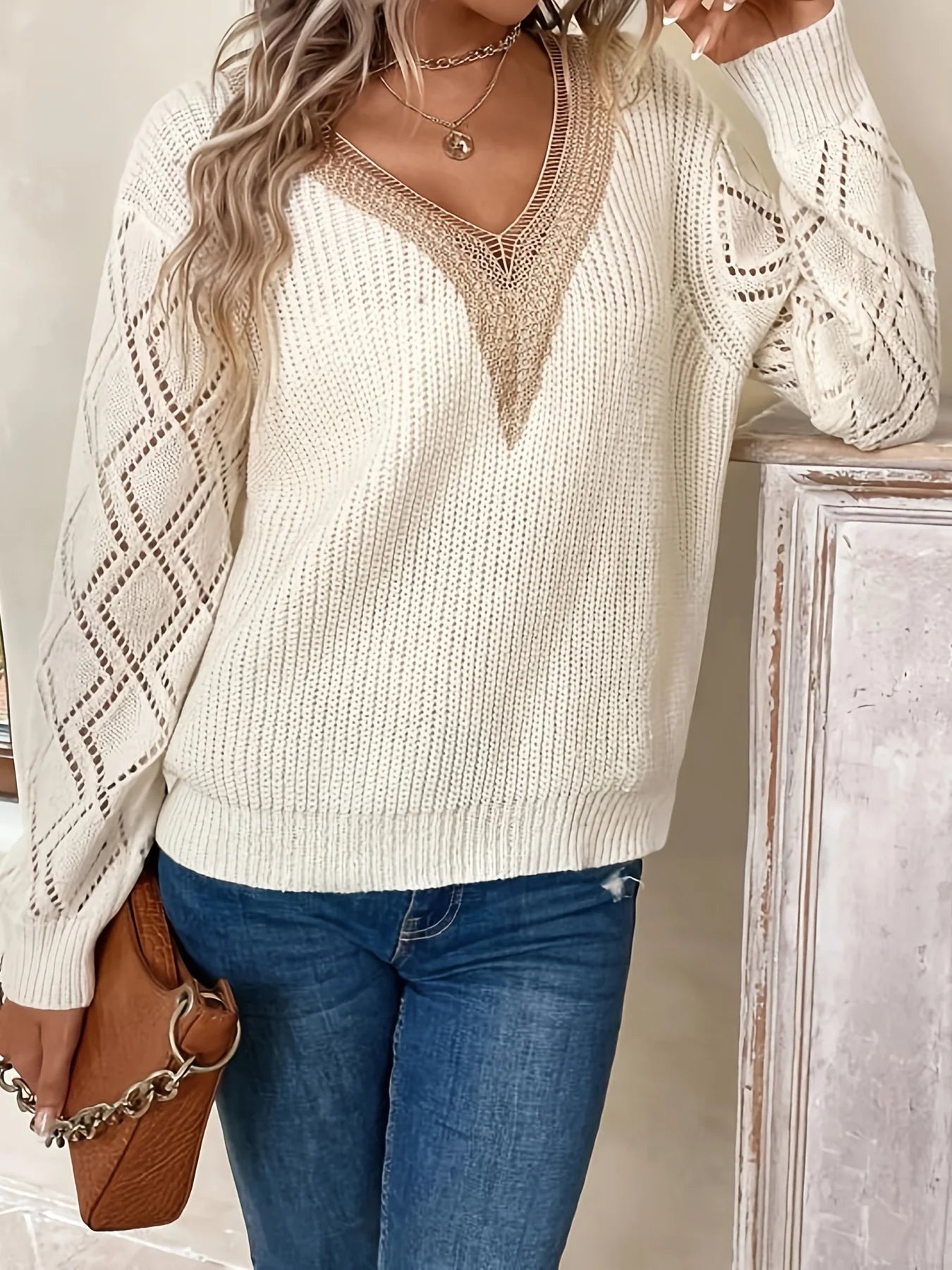 Esme | Women's Cable Knit V Neck Sweater Cream Openwork Sleeve