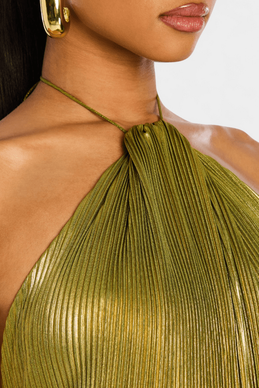 Nola | Women's Halter Maxi Dress Gold Pleated