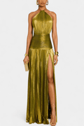 Dama Washington Nola women's halter maxi dress gold pleated - front view