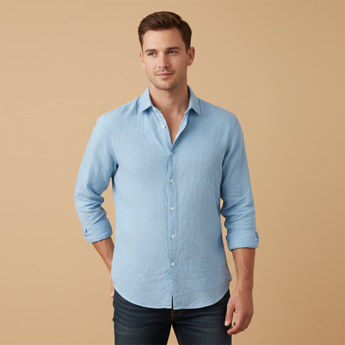 Beau | Men's Casual Linen Shirt Blue Long Sleeve Button Up