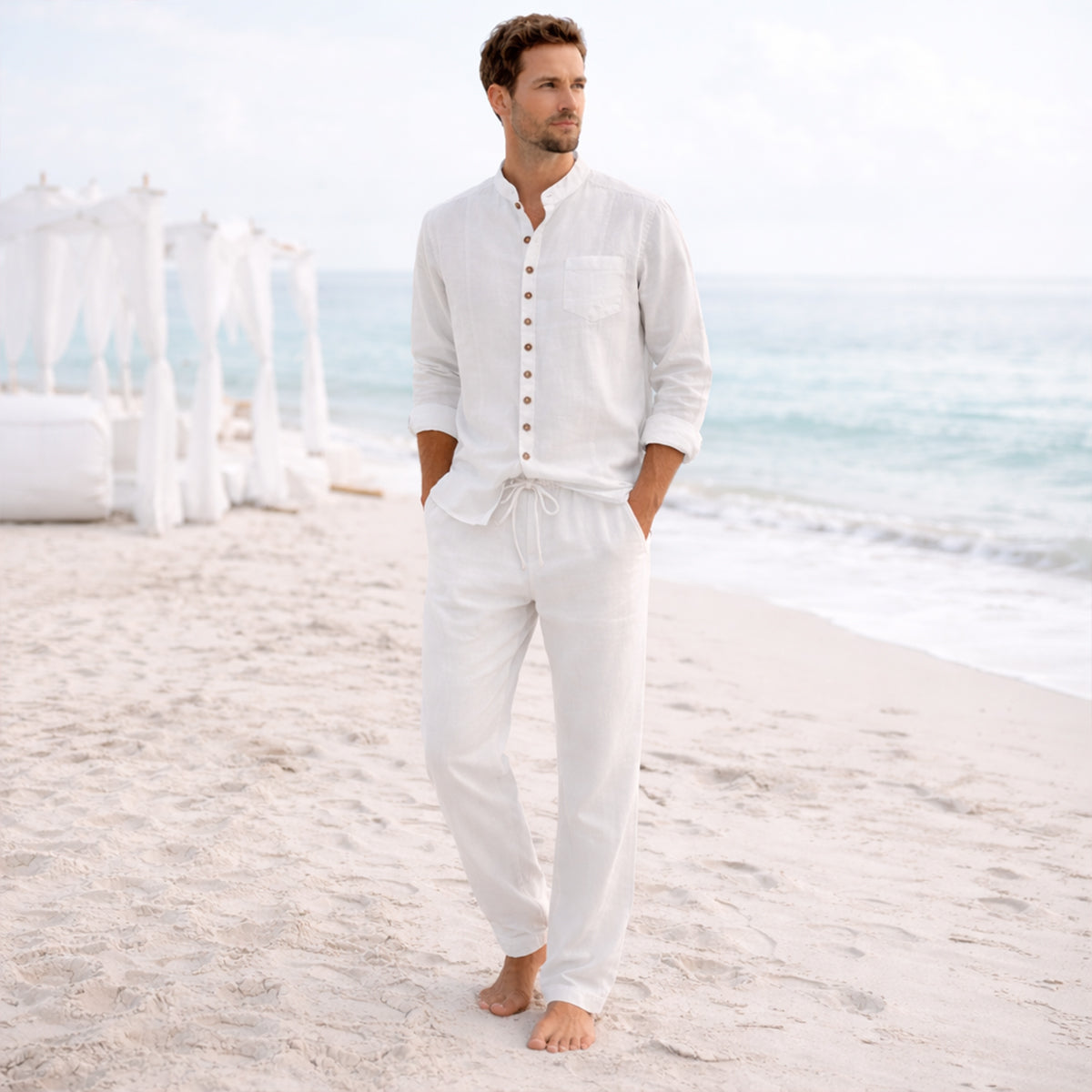 Vail | Men's Lounge Set Pink Linen Shirt Pants