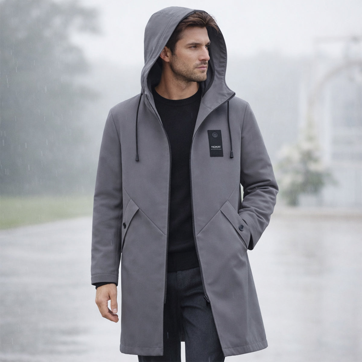 Greta | Men's Waterproof Long Rain Jacket Olive Green Hooded
