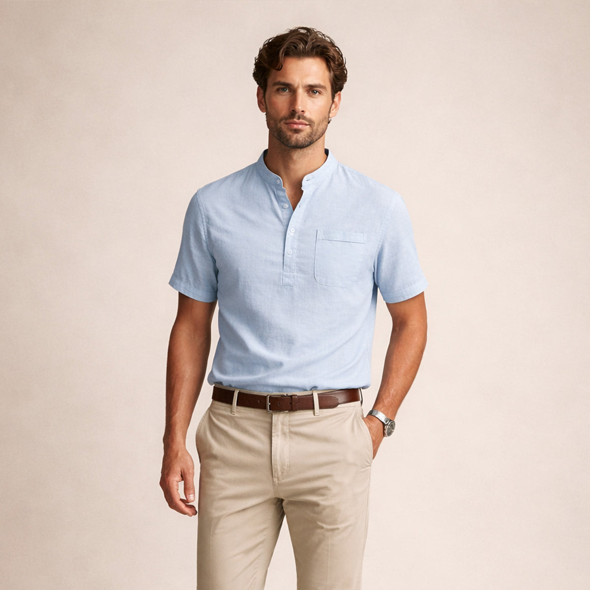 Rhys | Men's Casual Linen Henley Shirt Cream Short Sleeve