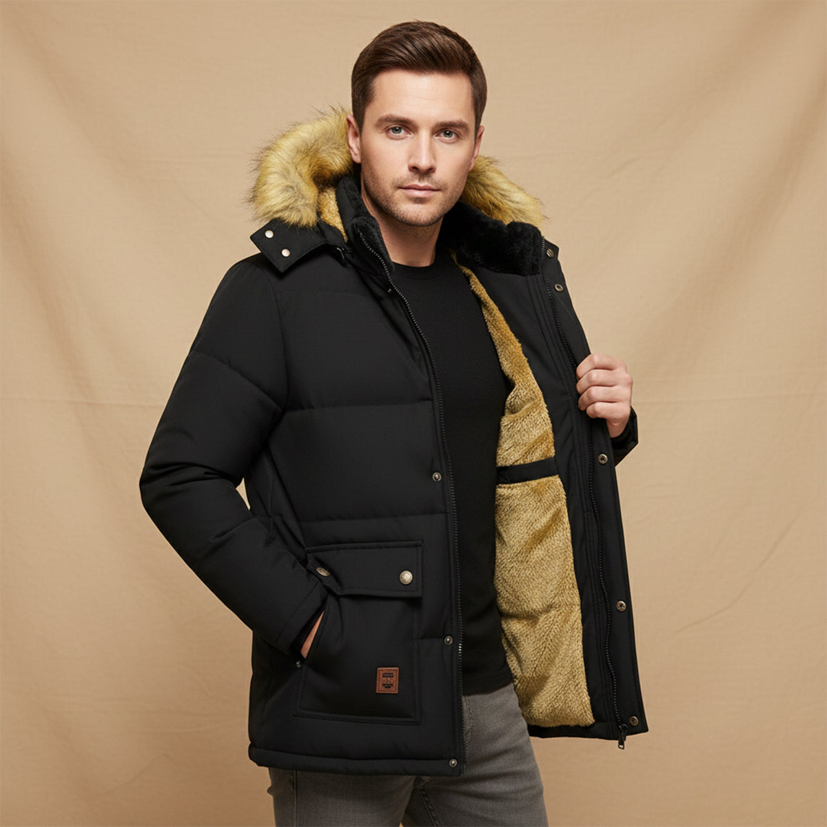 Rhys | Men's Puffer Jacket Navy Faux Fur Hooded Winter Coat
