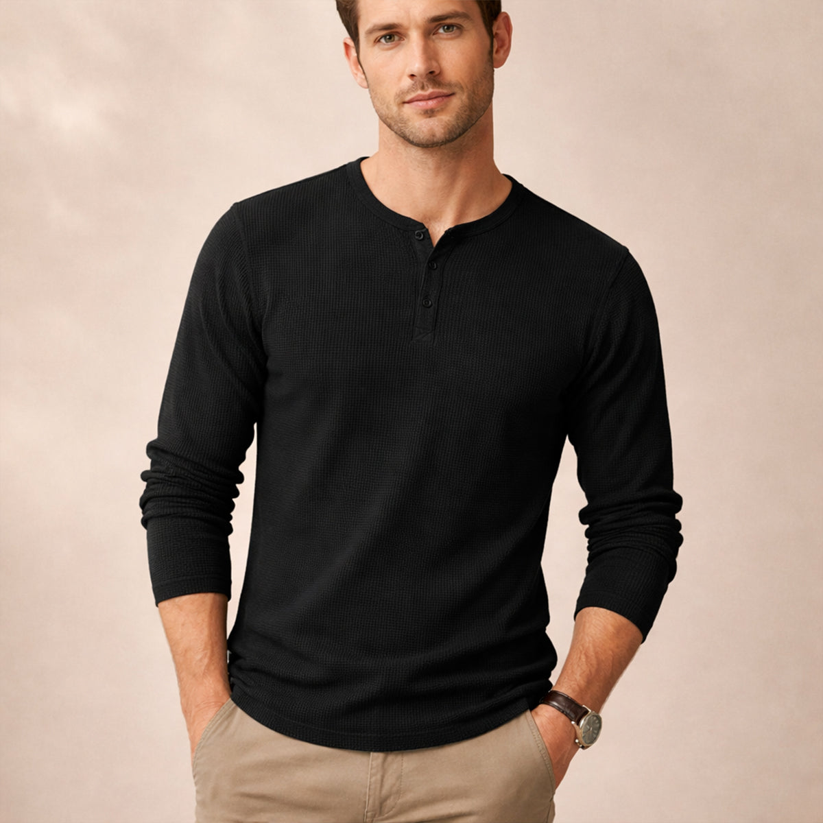 Beau | Men's Henley Shirt Black Long Sleeve