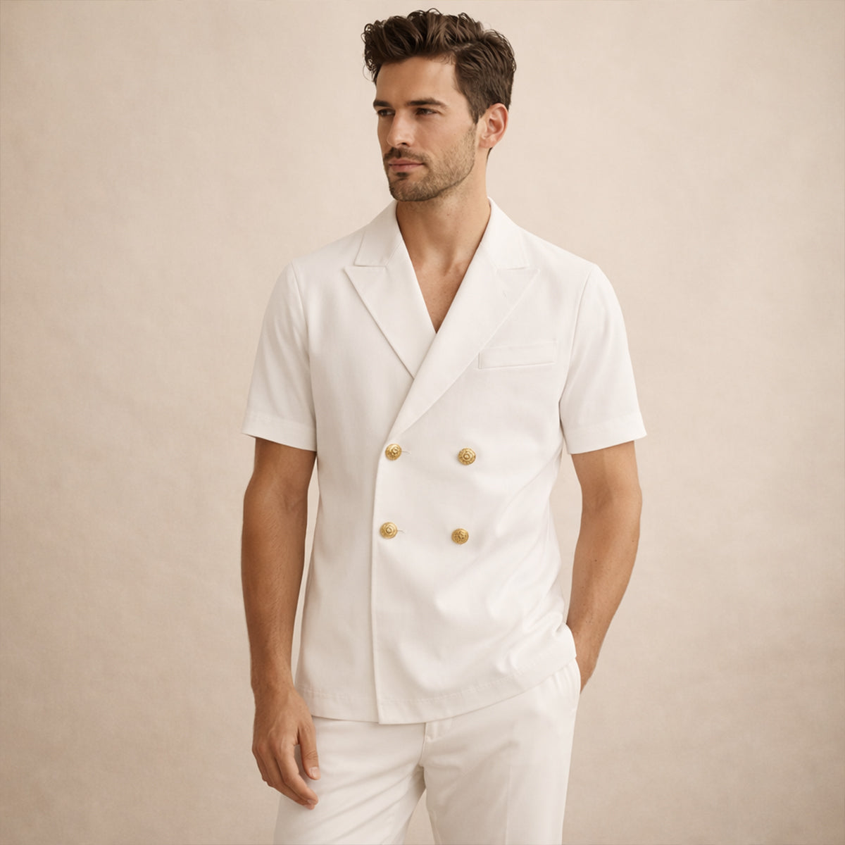 Rhys | Men's Double Breasted Camp Collar Shirt White Short Sleeve
