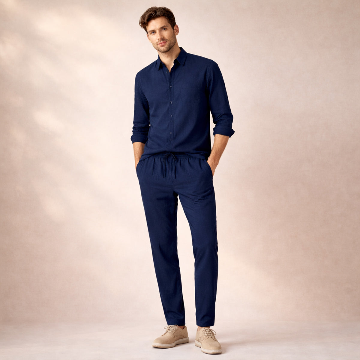 Jasper | Men's Linen Set Navy Long Sleeve Shirt Drawstring Pants