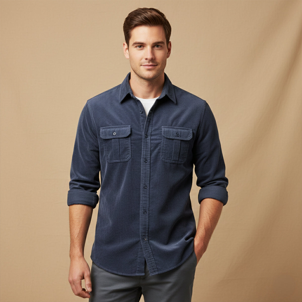 Ezra | Men's Denim Shirt Navy Long Sleeve Casual Button Up