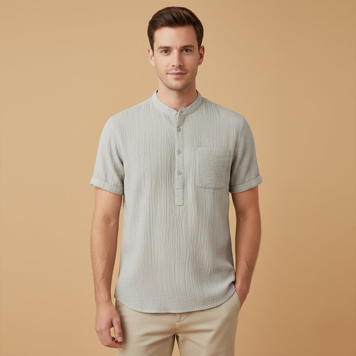 Axel | Men's Henley Shirt Cream Short Sleeve Chest Pocket