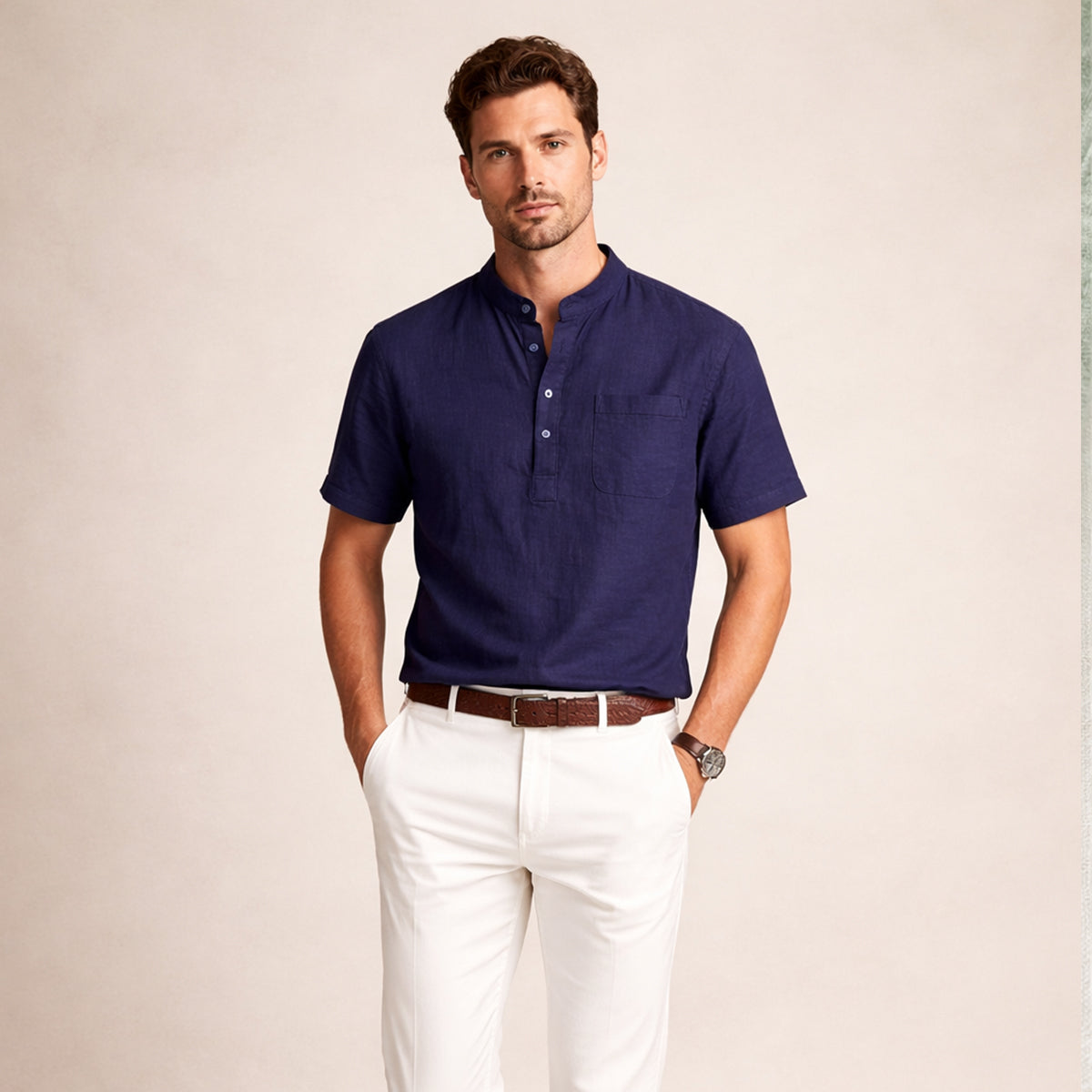 Ivo | Men's Linen Henley Shirt Light Green Short Sleeve