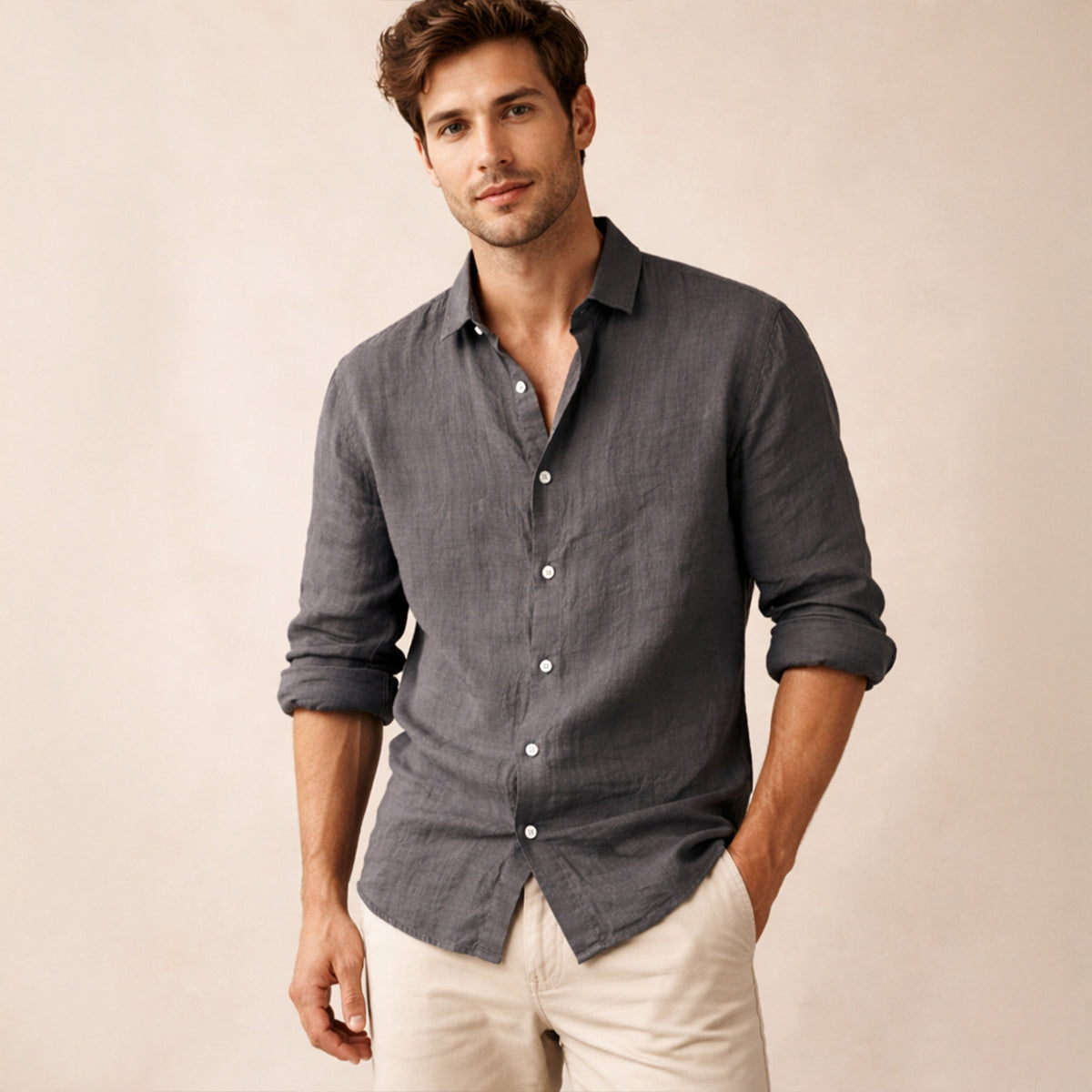 Omar | Men's Linen Shirt Charcoal Gray Button Up