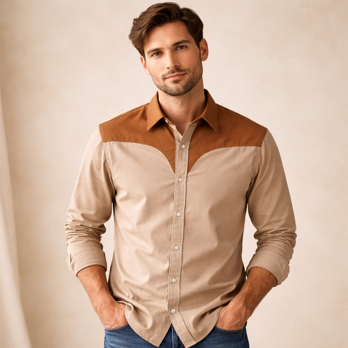 Roan | Men's Two Tone Block Button Up Shirt Cream Brown