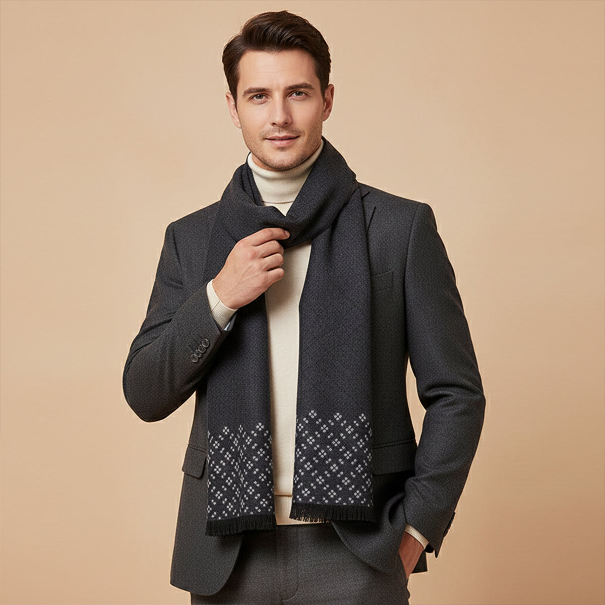 Axel | Men's Cashmere Merino Scarf Black Diamond Pattern