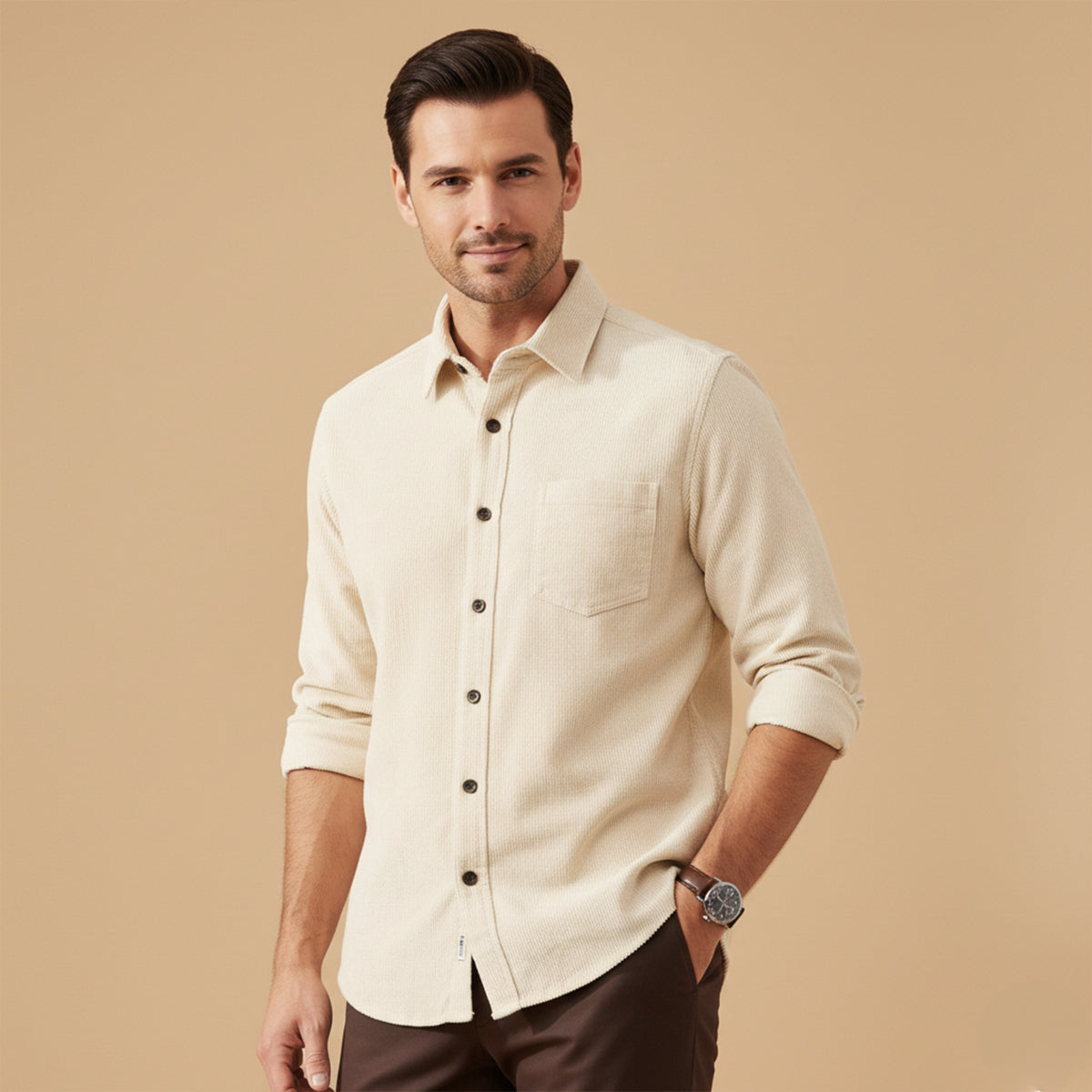 Beau | Men's Corduroy Button Up Shirt Cream Long Sleeve