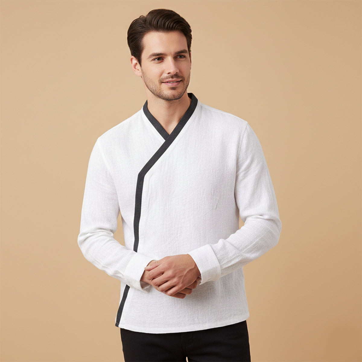 Beau | Men's Lightweight V Neck Cardigan Cream Black Trim