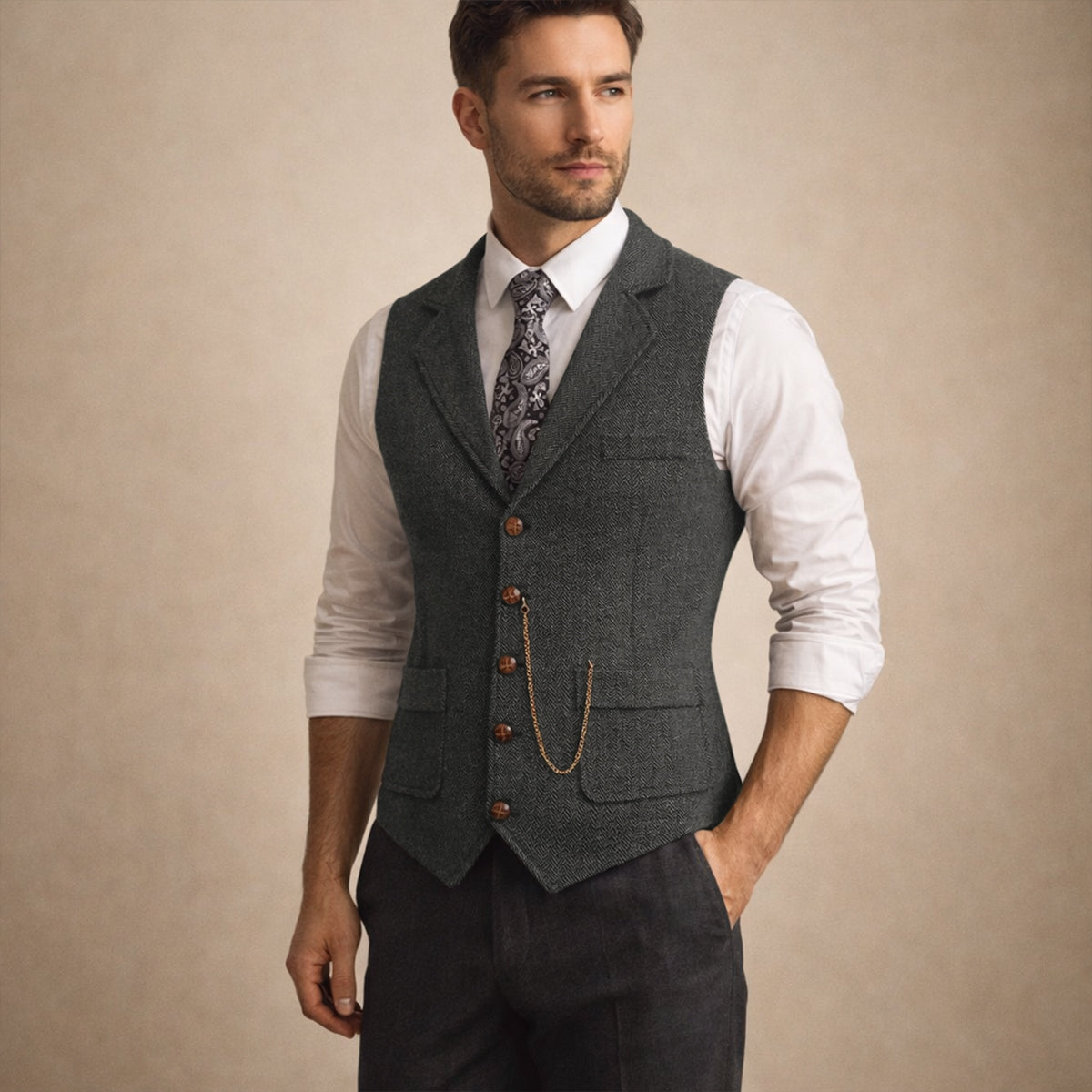 Knox | Men's Suit Vest Gray Double Breasted With Chain