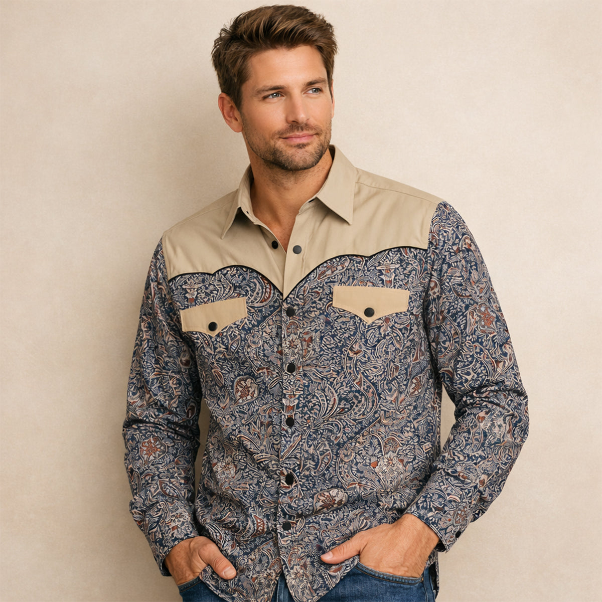 Flint | Men's Patchwork Denim Shirt Navy Cream Long Sleeve